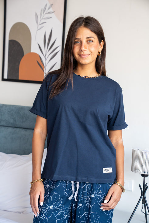 Women summer pajama set Dark blue Tee + Magnolia Floral Pants